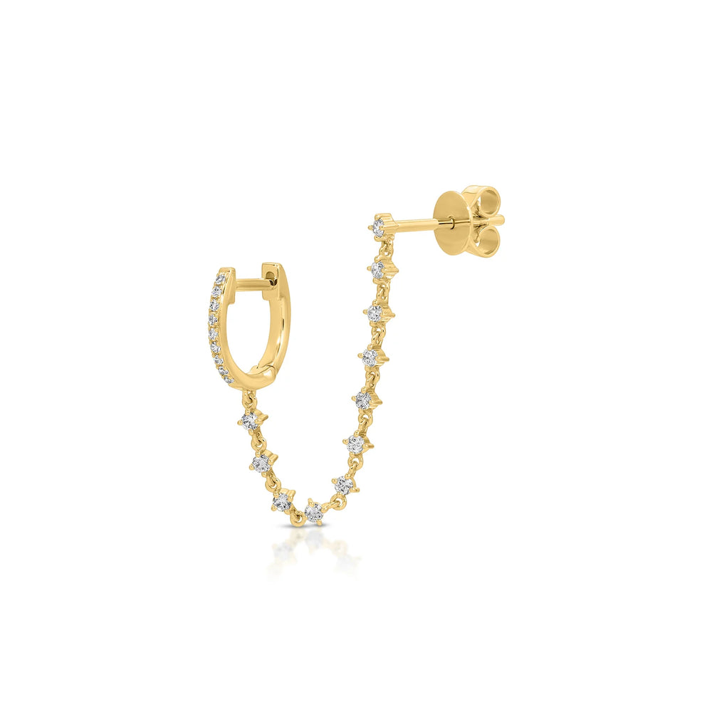 14KY Diamond Mini Huggie and Prong Set Chain Stud Earring