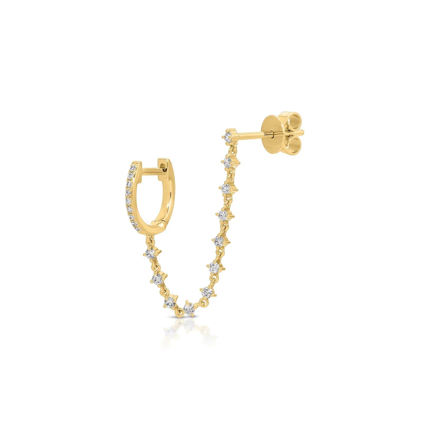 14KY Diamond Mini Huggie and Prong Set Chain Stud Earring