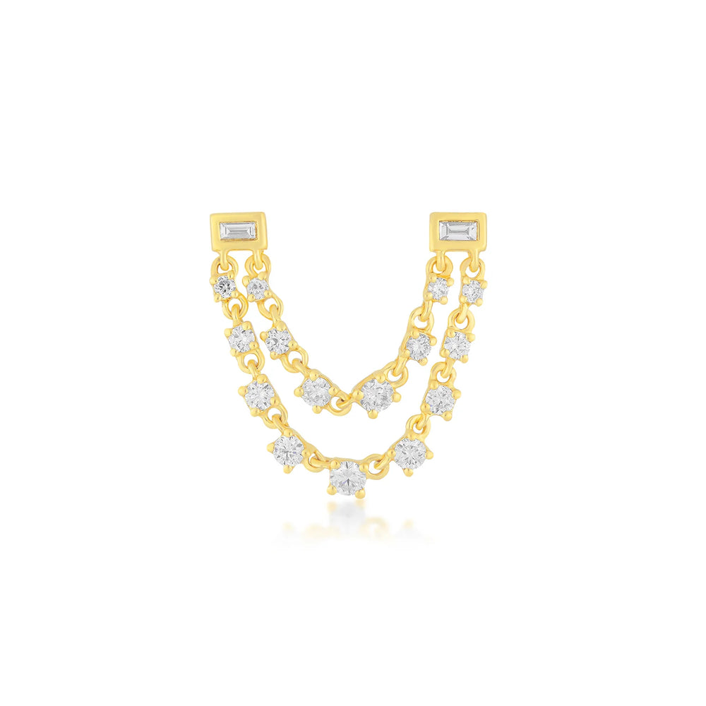 14KY Single Baguette Double Diamond Chain Stud Earring