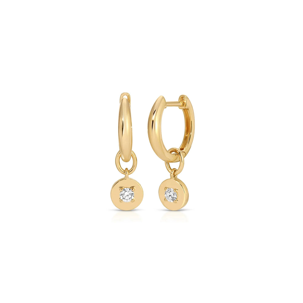 14KY Gold Frame Round Diamond Huggie Charm on Gold Dome Huggie Earring
