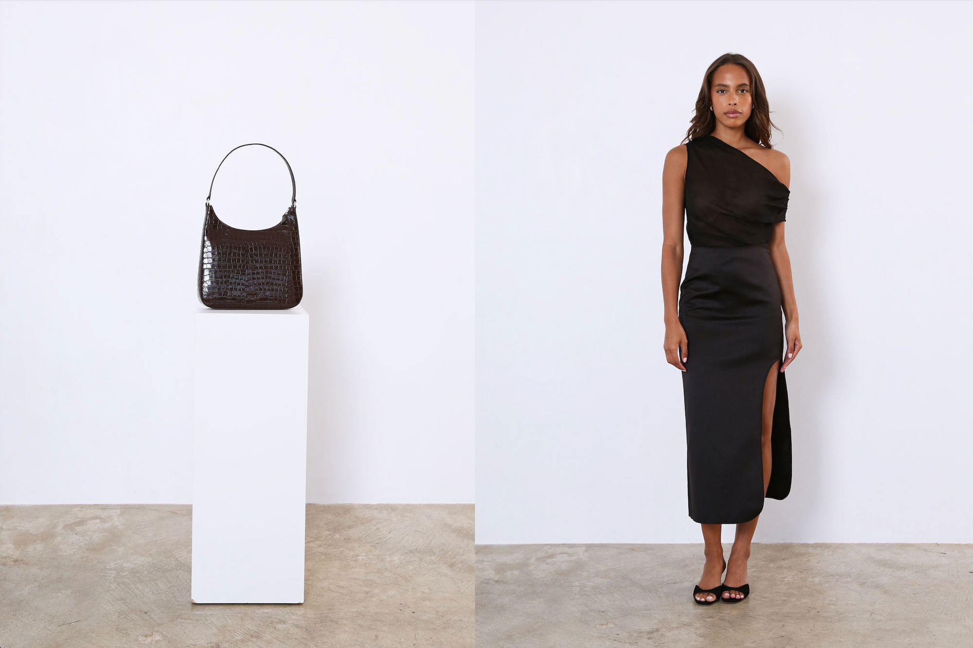 Photo of a purse on a pedestal next to a photo of a woman in a black dress against a white wall.